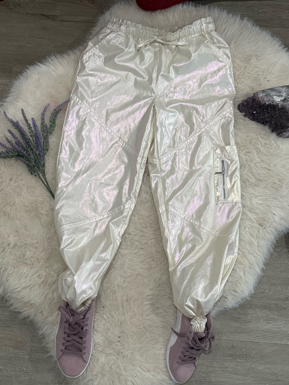 Limited Too Y2K Iridescent Cream Cargo Joggers